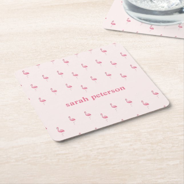 Cute pink flamingo custom name pink square paper coaster (Angled)