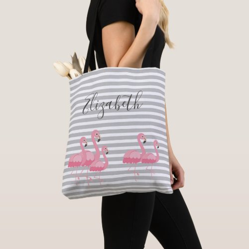 Cute Pink Flamingo Custom Name Trendy Gray Stripes Tote Bag