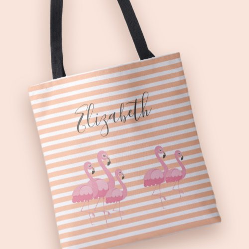 Cute Pink Flamingo Custom Name Trendy Peach Stripe Tote Bag