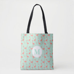 Cute Pink Flamingo Drawing Pattern Monogram Tote Bag