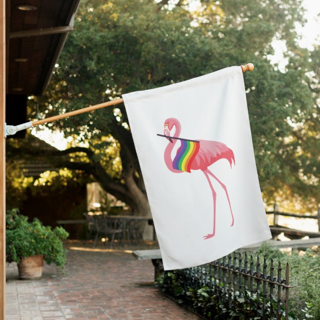 Cute Pink Flamingo Gay Pride House Flag (In SItu)