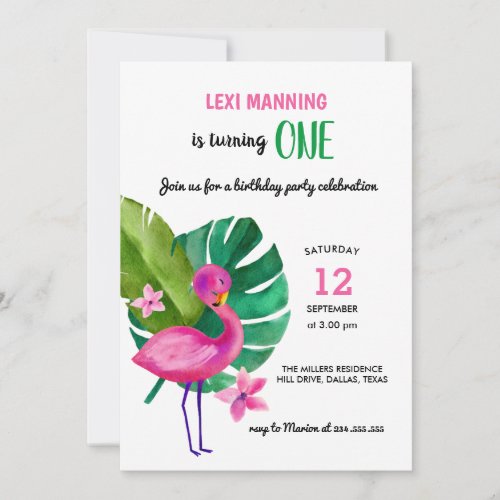 Cute Pink Flamingo  Girl Birthday Party Invitation