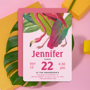 Cute Pink Flamingo Girl Tropical Aloha Summer Bday Invitation