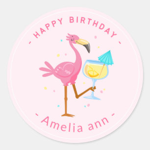 CUTE PINK FLAMINGO HAPPY BIRTHDAY GIRL CLASSIC ROUND STICKER