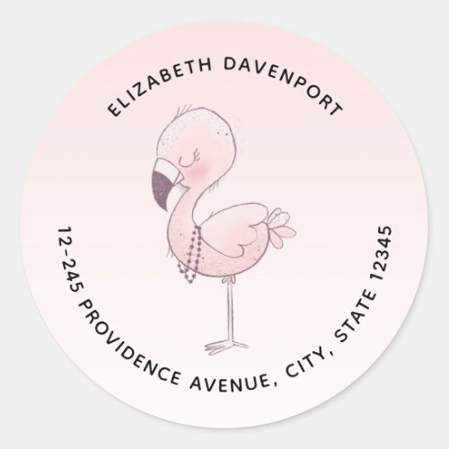 Cute Pink Flamingo Illustration Address Classic Round Sticker
