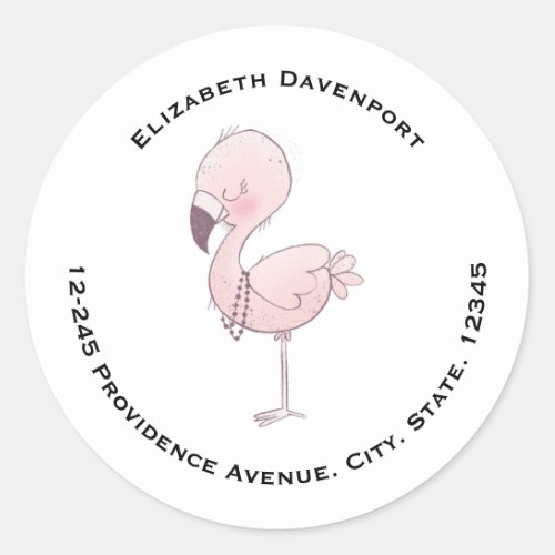 Cute Pink Flamingo Illustration Address Classic Round Sticker