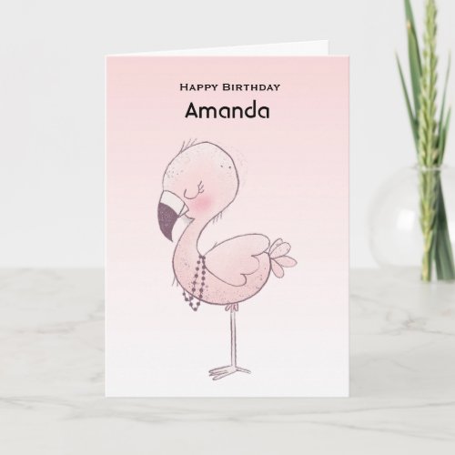 Cute Pink Flamingo Illustration Birthday Card