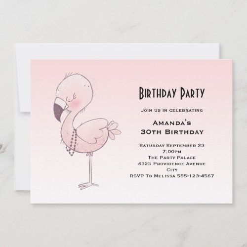 Cute Pink Flamingo Illustration Birthday Invitation