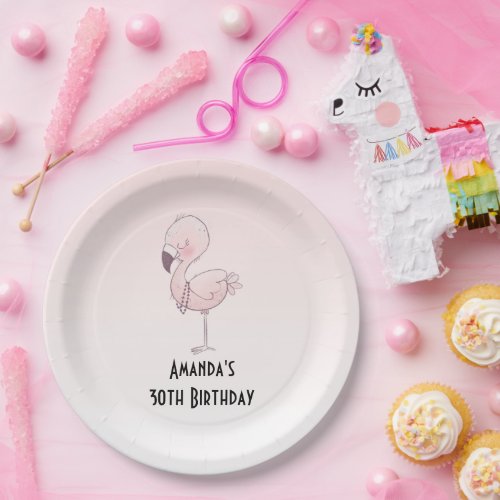Cute Pink Flamingo Illustration Birthday Paper Plates
