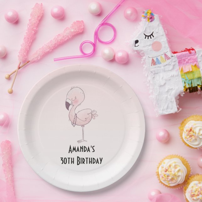 Cute Pink Flamingo Illustration Birthday Paper Plates (Party)