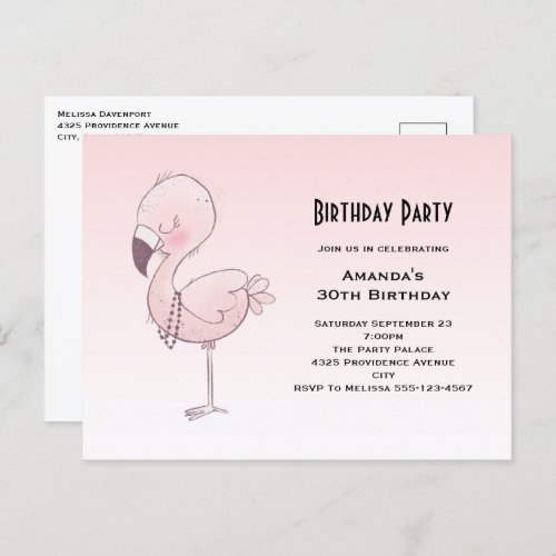 Cute Pink Flamingo Illustration Birthday Party Postcard