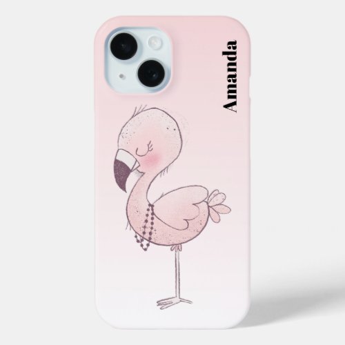 Cute Pink Flamingo Illustration iPhone 15 Case