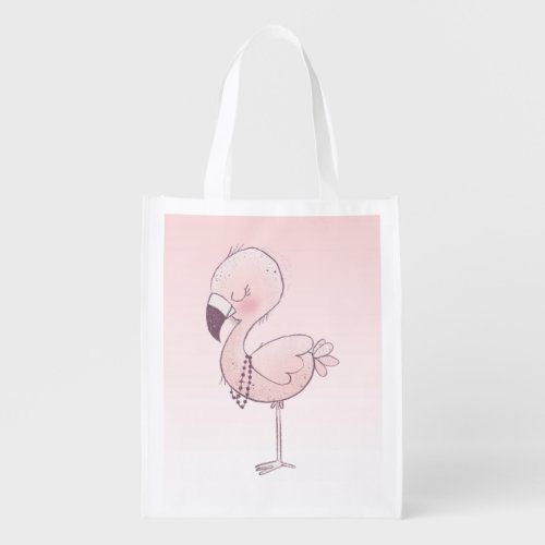 Cute Pink Flamingo Illustration Grocery Bag