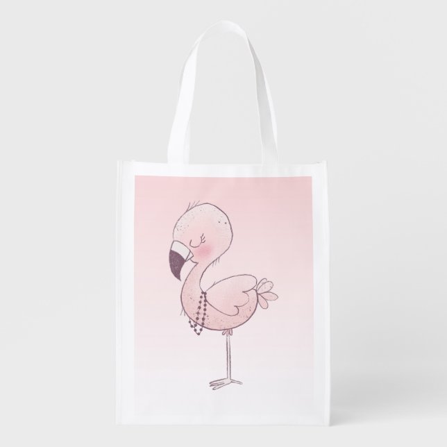 Cute Pink Flamingo Illustration Grocery Bag (Front)