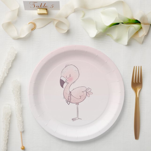 Cute Pink Flamingo Illustration Paper Plates (Wedding)