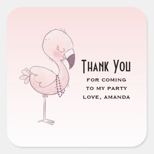 Cute Pink Flamingo Illustration Party Thank You Square Sticker