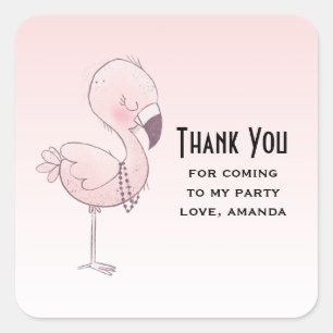Cute Pink Flamingo Illustration Party Thank You Square Sticker