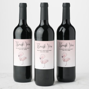 Cute Pink Flamingo Illustration Party Thank You Wine Label