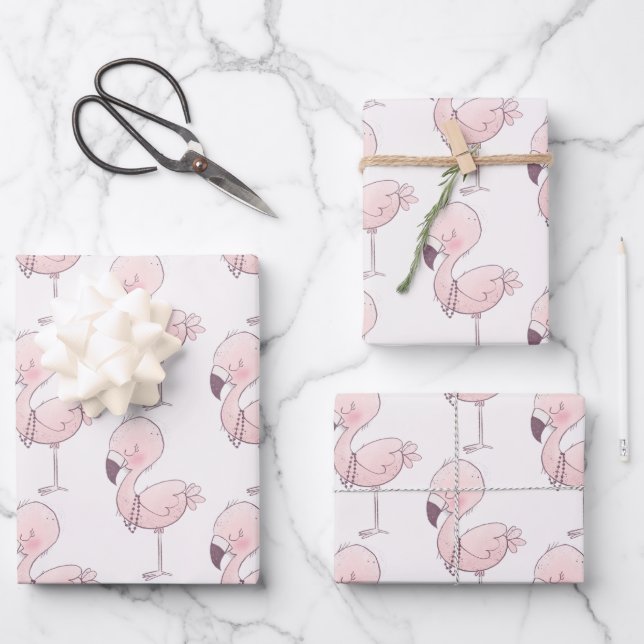 Cute Pink Flamingo Illustration Pattern Wrapping Paper Sheets (Front)