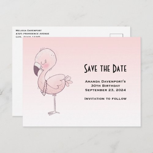 Cute Pink Flamingo Illustration Save the Date Invitation Postcard