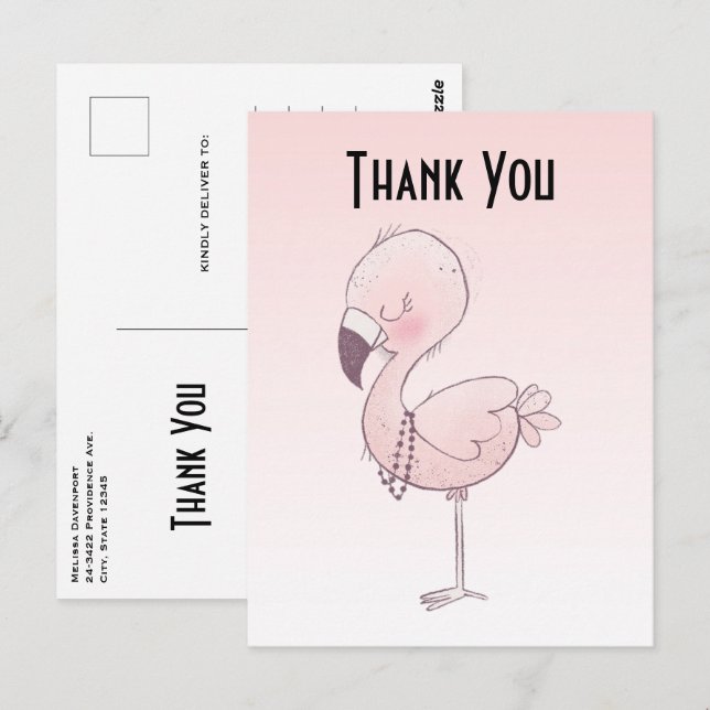 Cute Pink Flamingo Illustration Thank You Postcard (Front/Back)