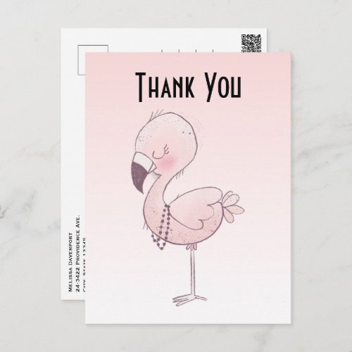 Cute Pink Flamingo Illustration Thank You Postcard
