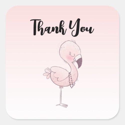 Cute Pink Flamingo Illustration Thank You Square Sticker