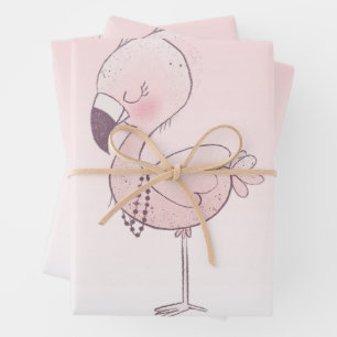 Cute Pink Flamingo Illustration Wrapping Paper Sheets