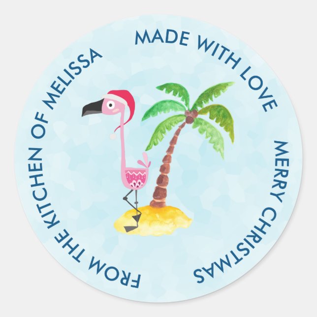 Cute Pink Flamingo in a Santa Hat Kitchen Classic Round Sticker (Front)