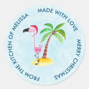 Cute Pink Flamingo in a Santa Hat Kitchen Classic Round Sticker