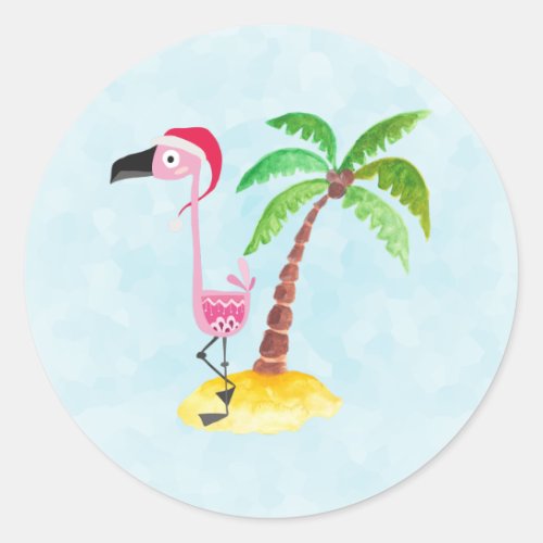 Cute Pink Flamingo in a Santa Hat Tropical Xmas Classic Round Sticker