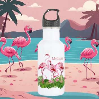 Cute Pink Flamingo Lovers Add Name  Stainless Steel Water Bottle by DoodlesGifts at Zazzle