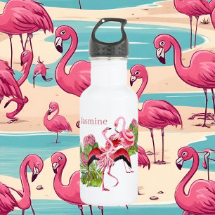 cute pink flamingo lovers add name stainless steel water bottle