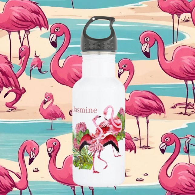cute pink flamingo lovers add name  stainless steel water bottle (Creator Uploaded)