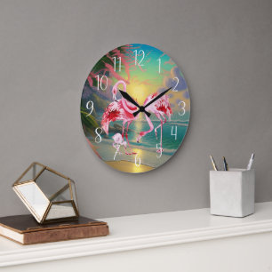 cute pink flamingo lovers beach house large clock