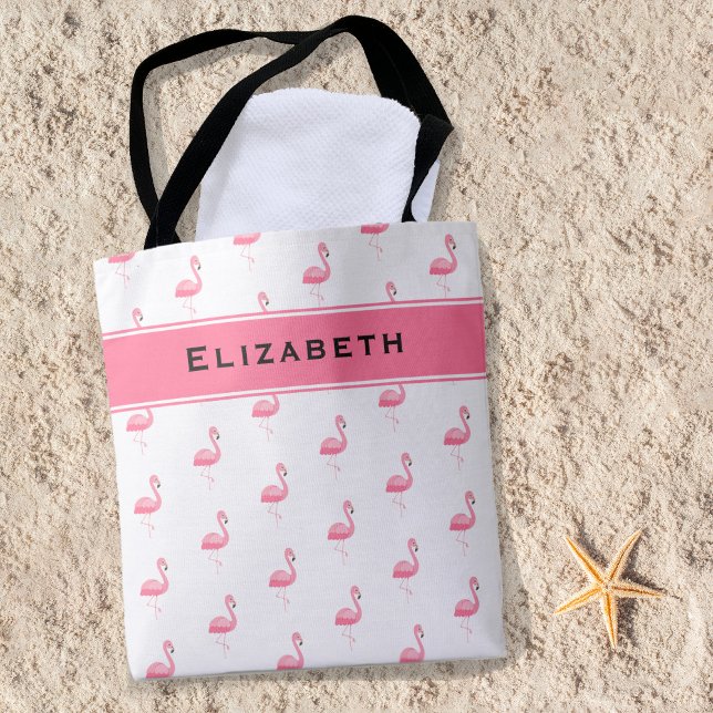 Cute Pink Flamingo Monogrammed Name Stylish Girly Tote Bag (Creator Uploaded)