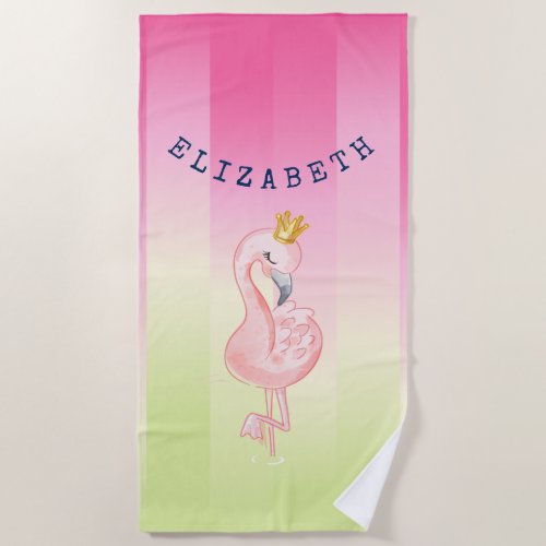 Cute Pink Flamingo Ombre Striped    Beach Towel
