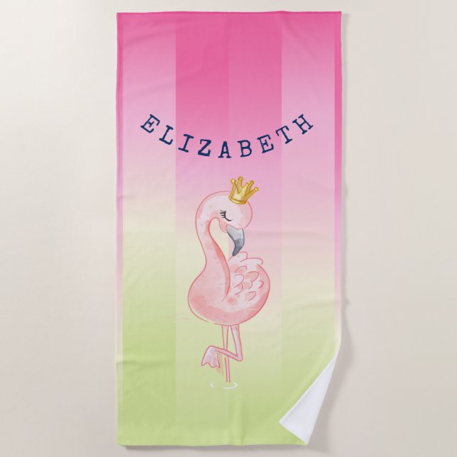 Cute Pink Flamingo Ombre Striped    Beach Towel (Front)