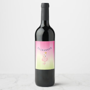 Cute Pink Flamingo Ombre Striped   Wine Label