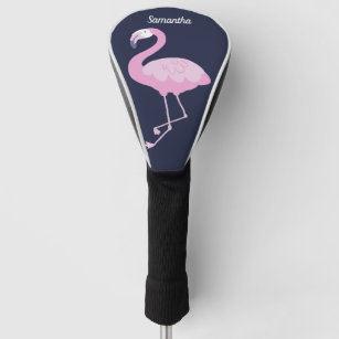 Cute Pink Flamingo on Dark Blue with Name Golf Head Cover