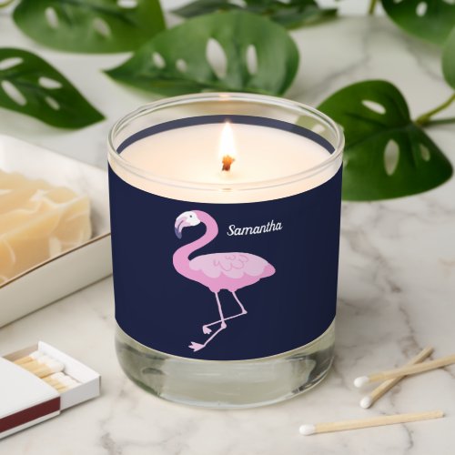 Cute Pink Flamingo on Dark Blue with Name Scented Candle