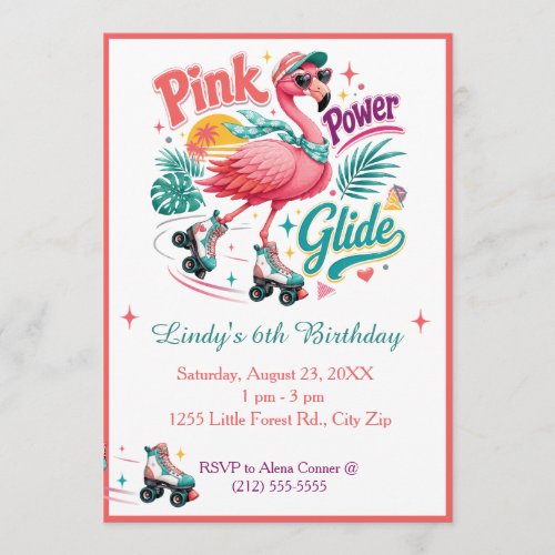 Cute Pink Flamingo on Roller Skates Party Invitation