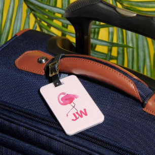 Cute Pink Flamingo On Striped Background Luggage Tag