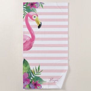 Cute Pink Flamingo Palm Leaves Flowers Beach Towel