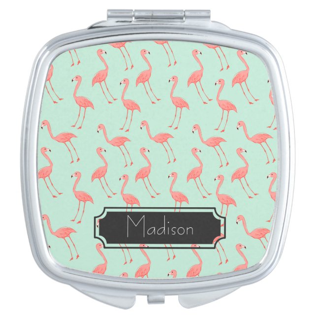 Cute Pink Flamingo Pattern | Add Your Name Makeup Mirror (Front)