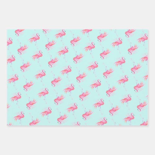 Cute Pink Flamingo Pattern Watercolor Wrapping Paper Sheets