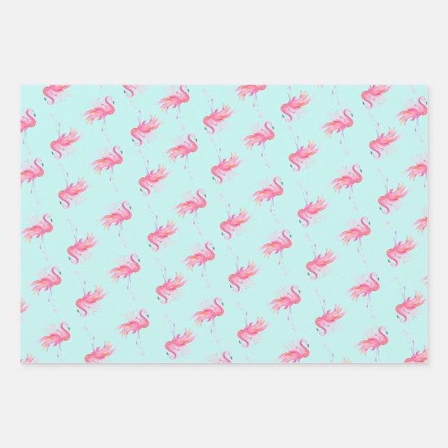 Cute Pink Flamingo Pattern Watercolor Wrapping Paper Sheets (Front)