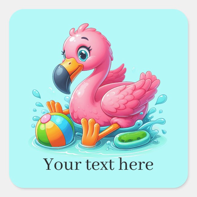 Cute pink flamingo playing square sticker (Front)