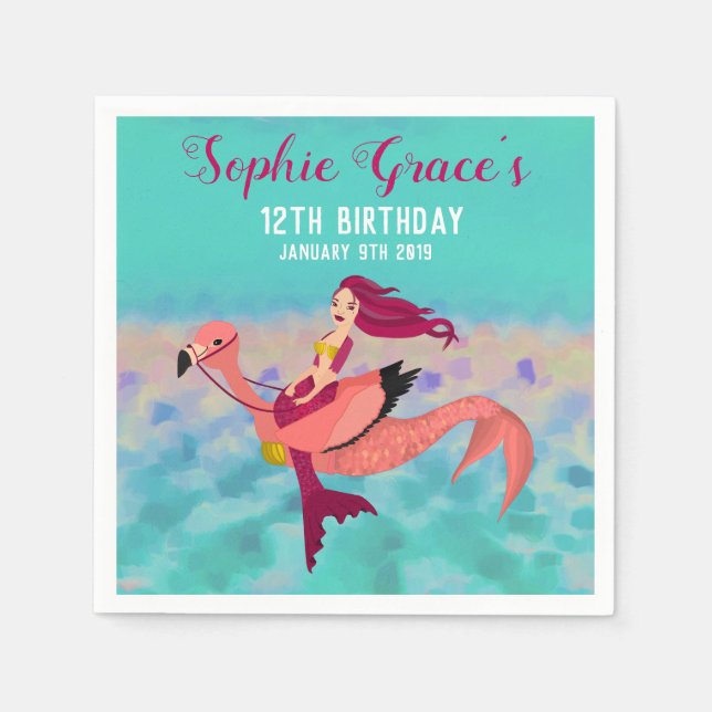 Cute Pink Flamingo Purple Mermaid Birthday Party Napkins (Front)