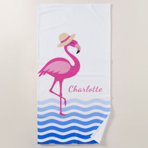 Cute pink flamingo sea waves monogram beach towel